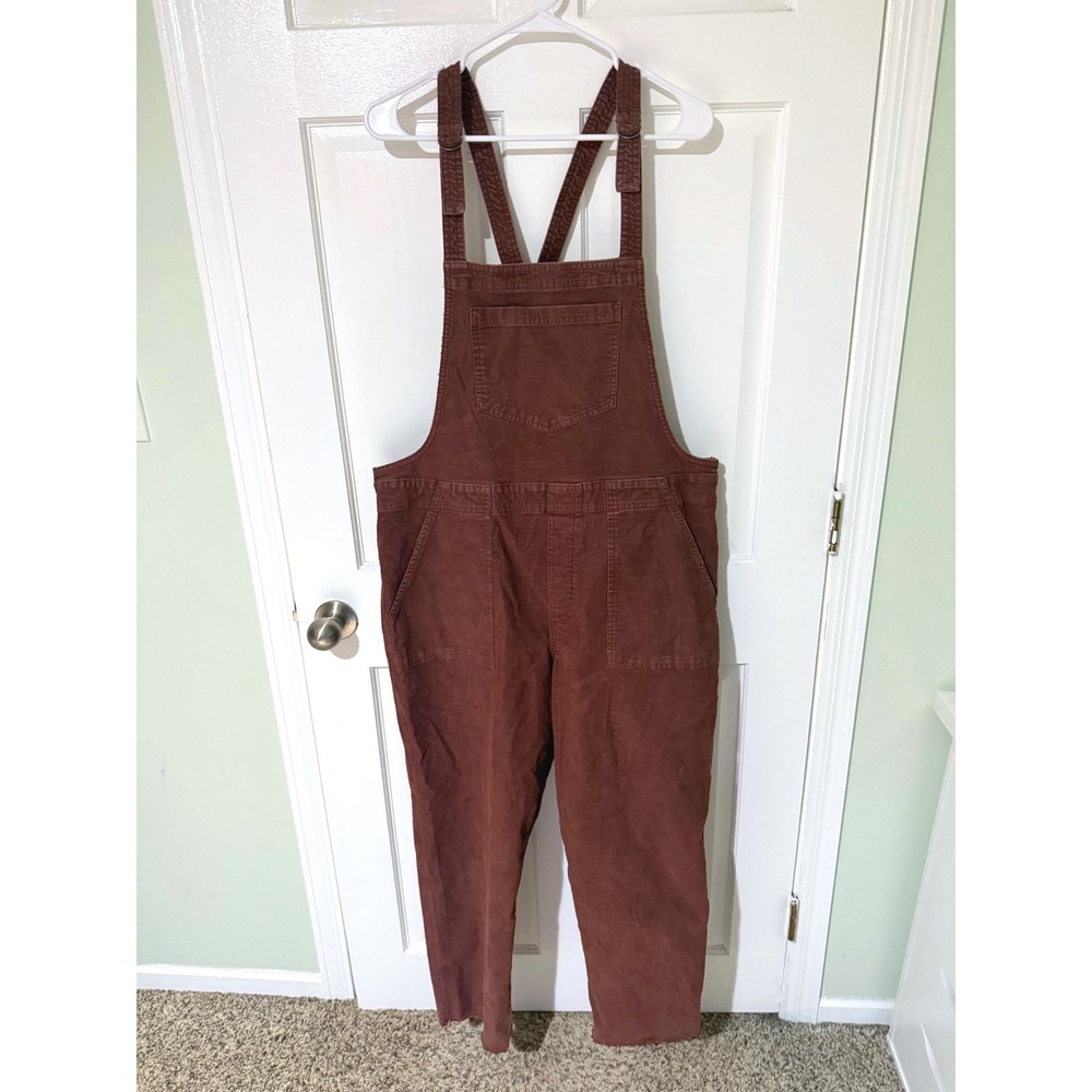 Aerie Womens Brown Corduroy Overalls Raw Hem Adjustable Straps Size Large L